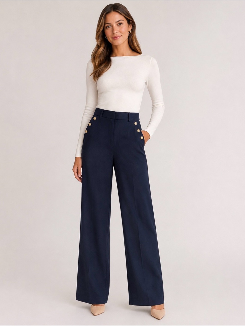 Haver & Blair Navy High-Rise Wide-Leg Pants with Gold Button Detail